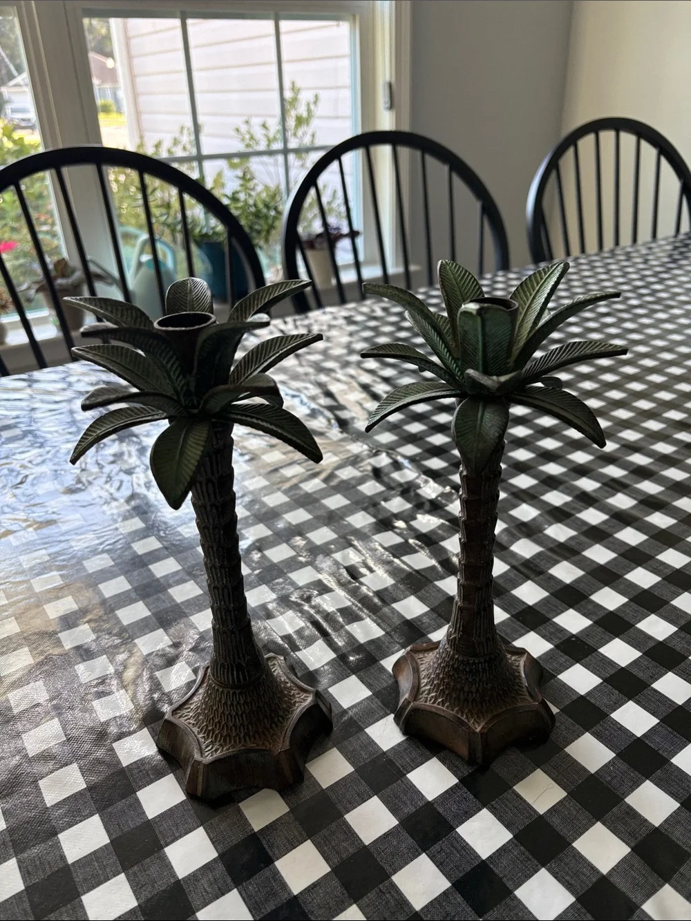 Palm Tree Metal Candle Holders in Green and Bronze